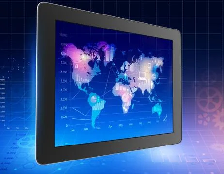 Tablet with world map and located on it icons Stock Illustration