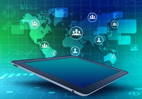 Tablet with world map and located on it people icons Stock Illustration