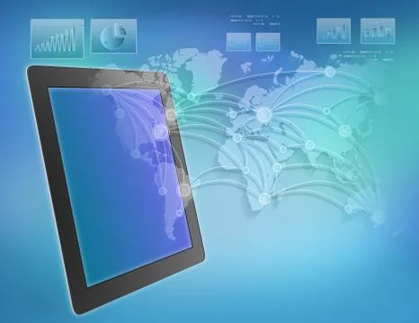 Tablet, world map with nets and dots on it small graphs Stock Illustration