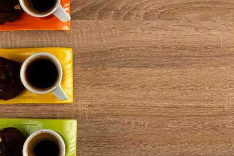 Tabletop close-up of three cups of coffee Stock Photos
