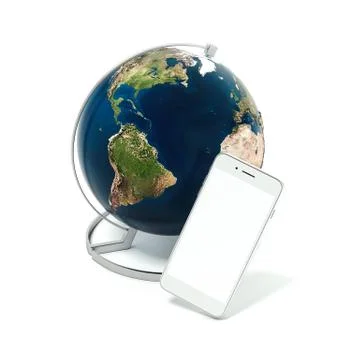 Tabletop globe with smartphone. Elements of this image furnished by NASA. 3d  Stock Photos