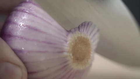 Tabletop Macro Close up of kitchen knife chopping onions in slow motion Stock Footage 273425736