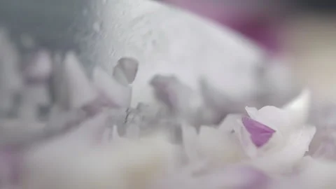 Tabletop Macro Close up of kitchen knife chopping onions in slow motion Stock Footage 273429045