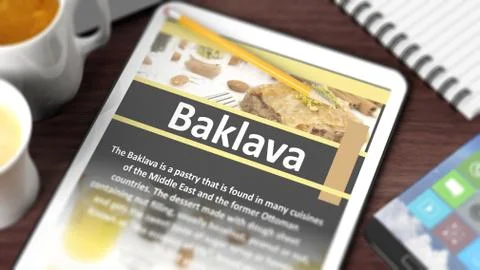 Tabletop with various objects focused on tablet with recipe of "Baklava" on s Stock Illustration