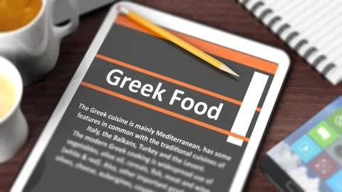 Tabletop with various objects focused on tablet with "Greek Food" content on  Stock Illustration