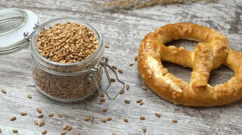 Tabletop view of brezels on the kitchen table. Healthy eating and traditional Stock Footage 67727834
