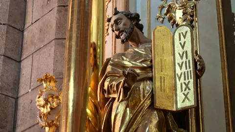 Tablets with the 10 commandments, old testament scene statue sacred art church Stock Footage 202256008