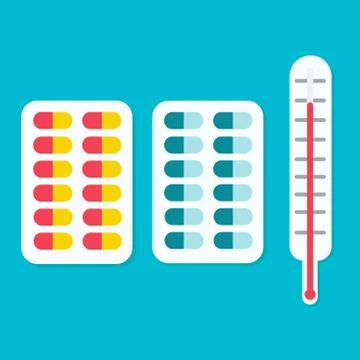 Tablets ahd a thermometer icon. Stock Illustration