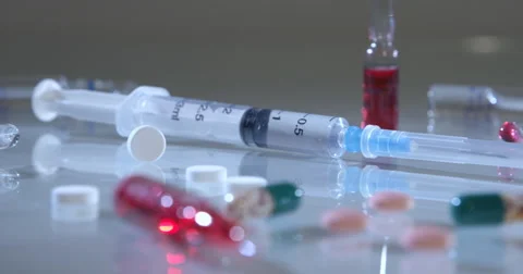 Tablets Ampoules Syringes on table 스톡 동영상 55903391