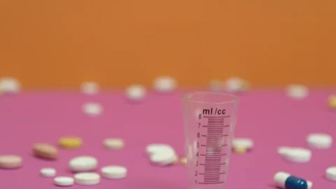 Tablets and measuring Cup for medication. Video stock 126556127