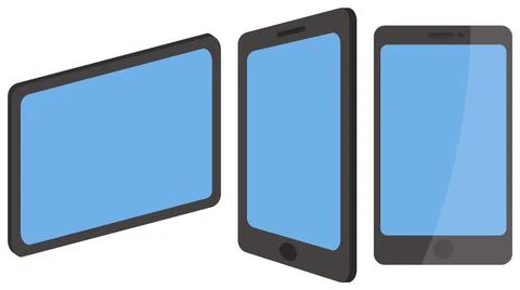 Tablets and a phone with blue screen and black frame. Electronic technologies Stock Illustration