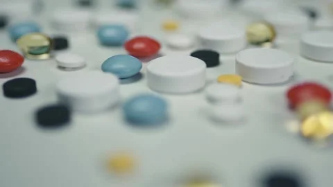 Tablets and pills. Pharmacy. Close up. Coronavirus Treatment Stock Footage 168811963