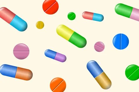 Tablets and pills vector set isolated on beige background. Stock-Illustration