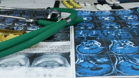 Tablets and X-rays on the medical table Video stock 88440226