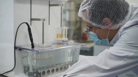 Tablets being tested in the dissolution apparatus at the pharmaceutical lab Spbd Vidéo 130186779