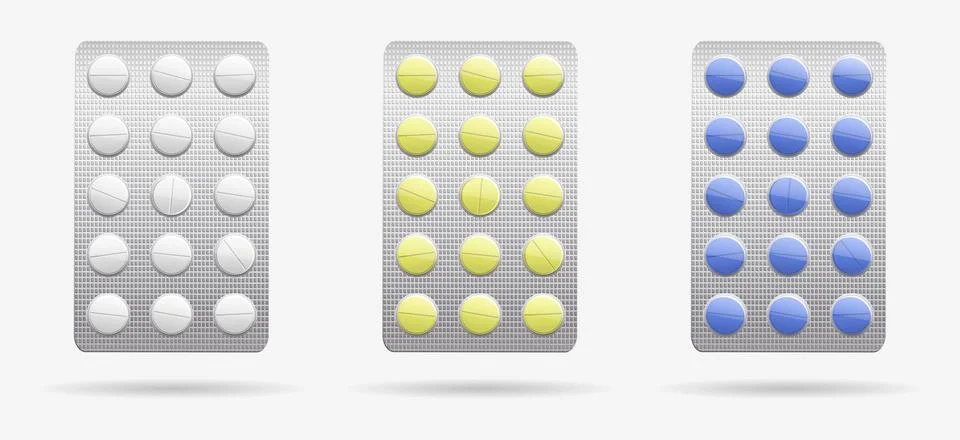 Tablets in blister packs of different colors. vector illustration on the theme Stock Illustration