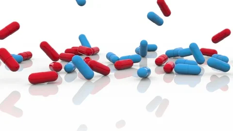 The tablets in blue and red hard gelatin capsules fall on a glossy white surface Stock Footage 164614753