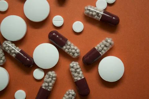 Tablets, capsules are on the table Foto stock
