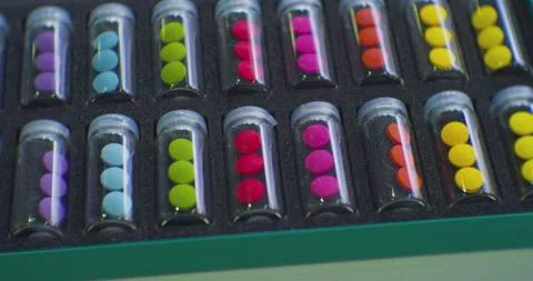 Tablets of different colors, packaged in identical transparent bottles 스톡 동영상 224104239