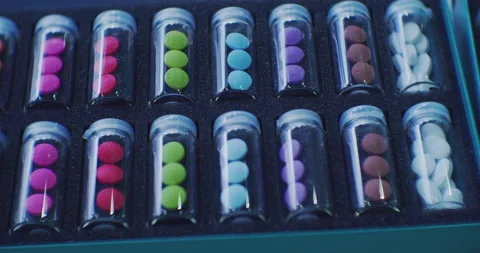 Tablets of different colors, packaged in identical transparent bottles 스톡 동영상 225257894