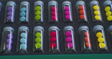 Tablets of different colors, packaged in identical transparent bottles, are in a 스톡 동영상 229087262