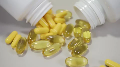 Tablets pills spilling from plastic pill bottle on natural background Video stock 268597472
