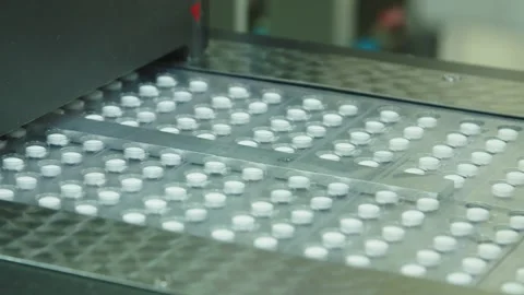 Tablets in plastic package on a conveyor. automated blister packing at Stock Footage 200856189