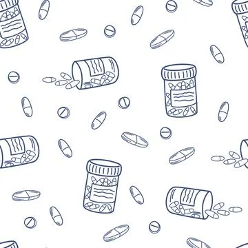 Tablets seamless pattern. Medicine outline art background. Vitamins, dietary  Stock Illustration