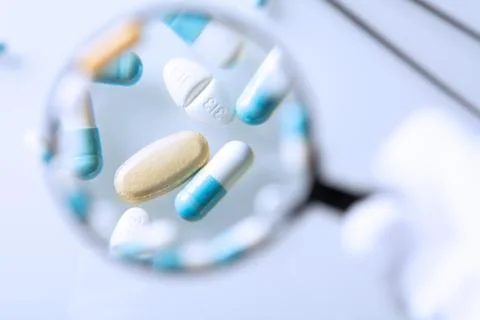 Tablets under a magnifying glass 库存照片