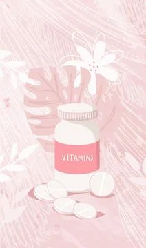 Tablets of vitamins and supplements, a jar with several tablets on a pink bac Stock Illustration