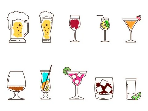 Tableware and different alcoholic drinks icons set. Contour and color of drinks Stock Illustration
