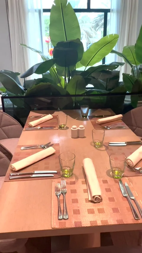 Tableware and glasses elegantly arranged on restaurant table, complemented by Stock-Footage 282638693