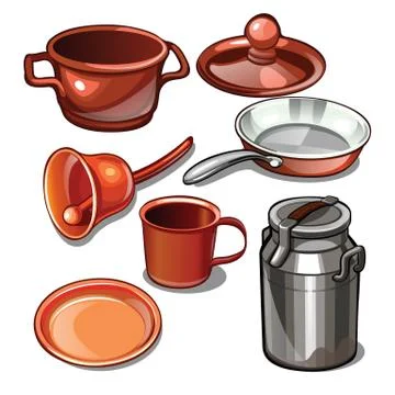 Tableware and household items made of metal isolated on a white background Stock Illustration