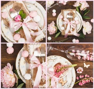 Tableware and silverware with flowers, sweets and decorations Stock Photos