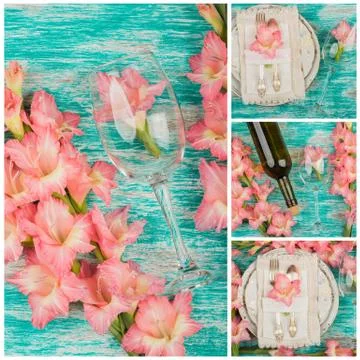 Tableware and silverware with light pink gladiolus on the light background 写真素材