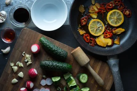 Tableware and vegetables for making sushi top view Stock Photos