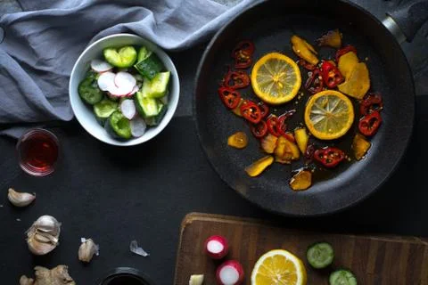 Tableware and vegetables for making sushi free space. Asian cuisine Stock Photos
