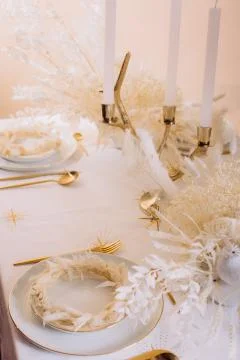 Tableware beige background cutlery candlestick restaurant luxury Stock Photos