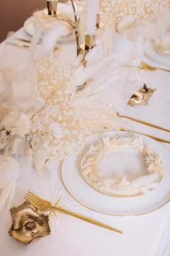 Tableware beige background cutlery candlestick restaurant luxury Stock Photos