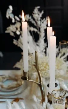 Tableware beige background cutlery candlestick restaurant luxury Stock Photos