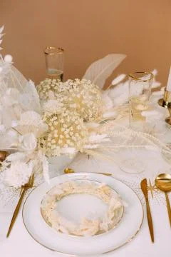 Tableware beige background cutlery candlestick restaurant luxury 스톡 사진