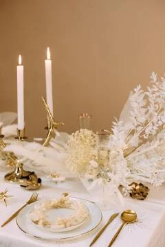 Tableware beige background cutlery candlestick restaurant luxury Stock Photos