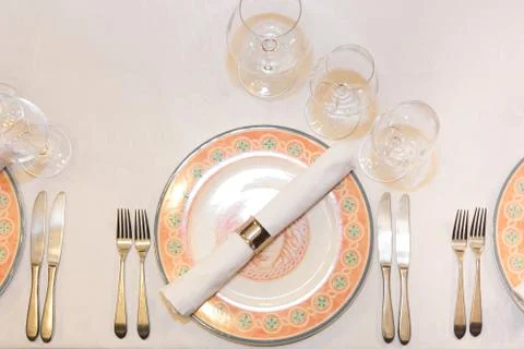 Tableware, catering, design concept. top view of served place of restaurant with Stock Photos