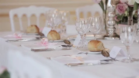 Tableware decor arrangement of festive table close up changing rack focus detail Stock Footage 70685049