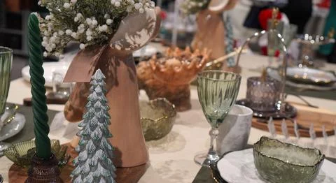 Tableware for festive winter table setting for new year and christmas on li.. Stock Photos