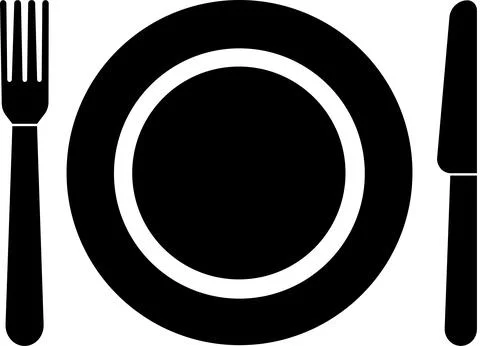 The tableware icon. Fork, plate, knife, black silhouette. Stock Illustration