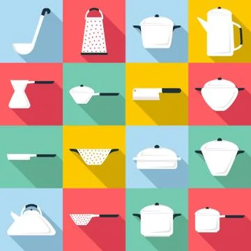 Tableware icons set, flat style Illustrazione stock