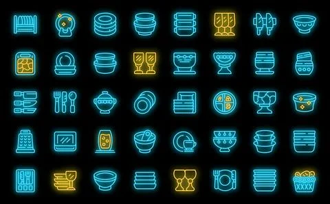 Tableware icons set vector neon Stock Illustration