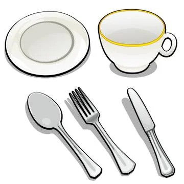 Tableware isolated on white background. Mug and saucer of porcelain, tea spoon Stock Illustration