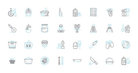 Tableware items linear icons set. Plates, Bowls, Cups, Saucers, Forks, Spoons Stock Illustration